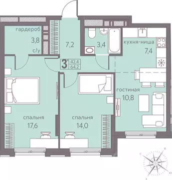 Студия Пермский край, Пермь ул. Серебристая, 5 (64.2 м)