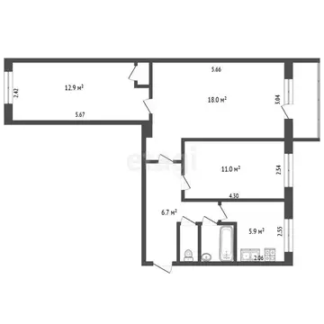 3-комнатная квартира: Омск, улица Ватутина, 13Б (58.7 м)
