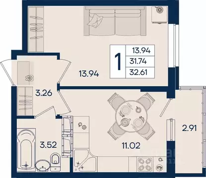 1-к кв. Краснодарский край, Краснодар  (32.61 м)