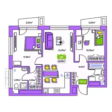 2-к кв. Тюменская область, Тюмень Полевая ул., 93 (62.89 м)