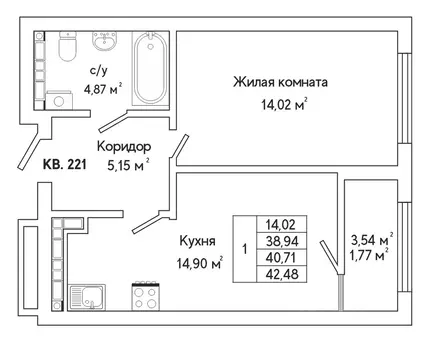 1-к кв. Свердловская область, Екатеринбург ул. Яскина, 14/3 (41.9 м)
