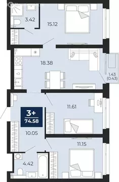 3-комнатная квартира: Тюмень, Арктическая улица, 16 (75.58 м)