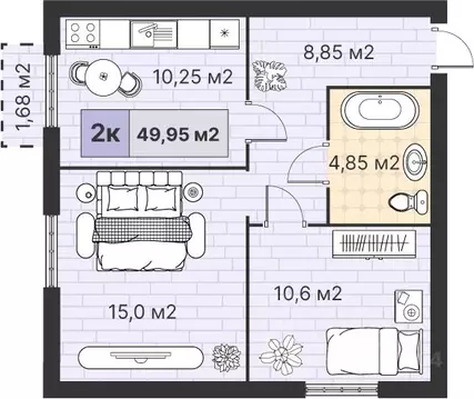 2-к кв. Калининградская область, Гурьевский муниципальный округ, пос. ...