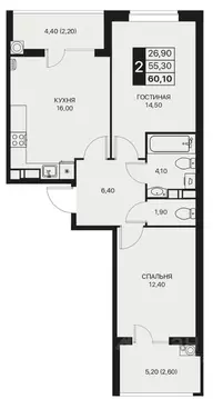 2-к кв. Ростовская область, Ростов-на-Дону Эстет жилой комплекс (60.6 ...