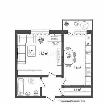 1-комнатная квартира: Тюмень, Холодильная улица, 134 (35.3 м)