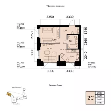 2-к кв. Башкортостан, Уфа ул. Чудинова (38.53 м)