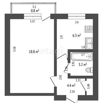 1-комнатная квартира: Стерлитамак, улица Худайбердина, 56 (33.4 м)