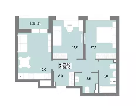 2-к кв. Свердловская область, Екатеринбург ул. Семена Лагоды, 80 (58.1 ...