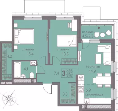 Студия Пермский край, Пермь ул. Серебристая, 5 (72.0 м)