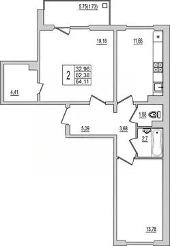 2-к кв. Псковская область, Псков Рижский просп., 94Г (64.11 м)