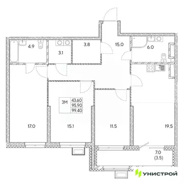 3-к кв. Свердловская область, Екатеринбург Вторчермет жилрайон,  (99.4 ...
