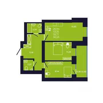 2-к кв. Башкортостан, Уфа ул. Михаила Зайцева, 6 (56.6 м)