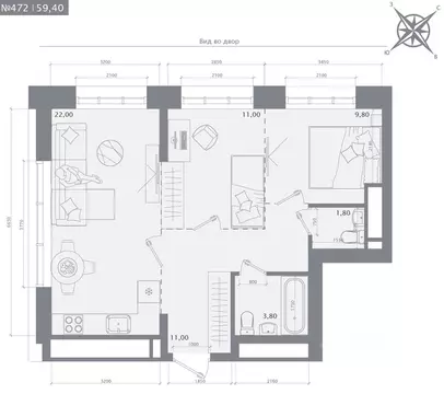 2-к кв. Татарстан, Казань 1712 жилой комплекс (59.4 м)