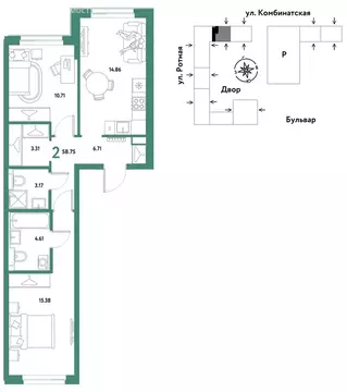 2-комнатная квартира: Екатеринбург, Ленинский район (58.75 м)