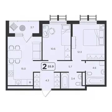 2-к кв. Тюменская область, Тюмень  (55.9 м)