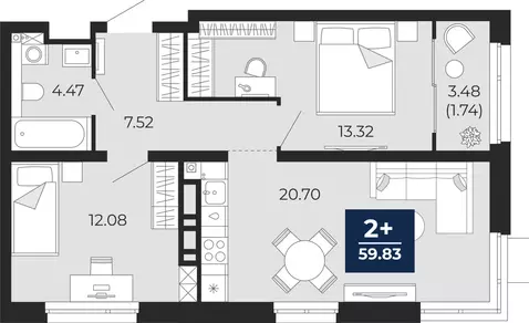 2-комнатная квартира: Тюмень, Арктическая улица, 16 (61.57 м)