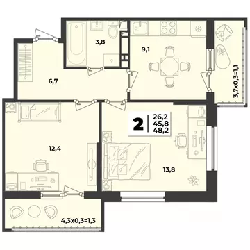 2-к кв. Краснодарский край, Краснодар  (62.2 м)