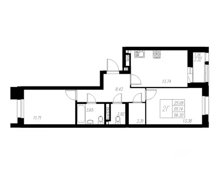 2-к кв. Татарстан, Казань Статный жилой комплекс, 1 (56.3 м)