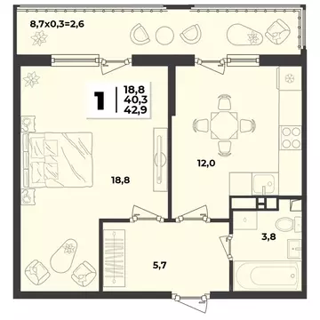 1-к кв. Краснодарский край, Краснодар  (42.9 м)