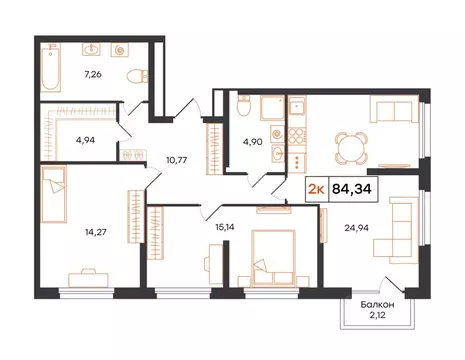 3-к кв. Тюменская область, Тюмень Полевая ул., 117к12 (84.34 м)