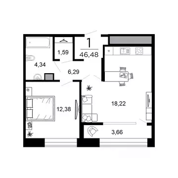 1-к кв. Рязанская область, Рязань ул. 1-я Железнодорожная (46.48 м)