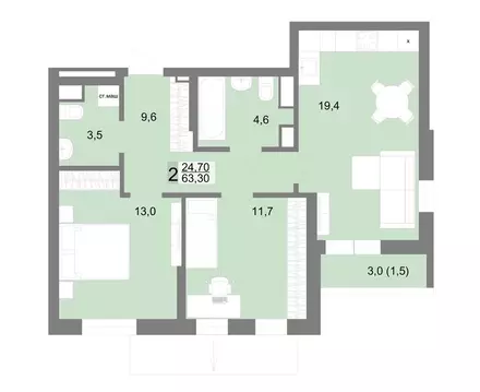 2-к кв. Свердловская область, Екатеринбург ул. Семена Лагоды, 80 (63.3 ...