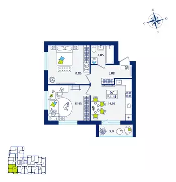 2-комнатная квартира: Калининградская область, Зеленоградск (54.41 м)