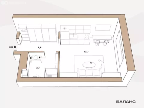1-комнатная квартира: Тюмень, улица Республики, 204к17 (21.8 м)