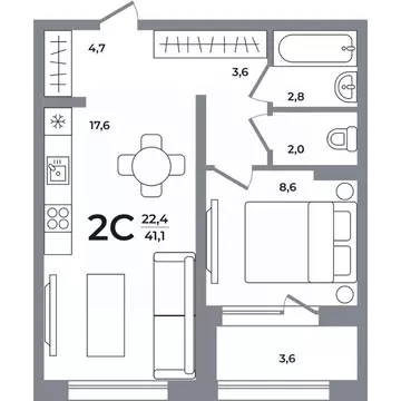2-к кв. Новосибирская область, Новосибирск Беловежский мкр,  (40.5 м)