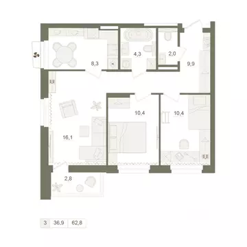 3-к кв. Башкортостан, Уфа Родина Парк жилой комплекс (62.8 м)