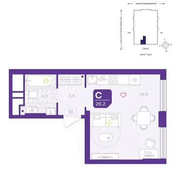 Квартира-студия: Тюмень, улица Евгения Войнова, 3 (26.2 м)