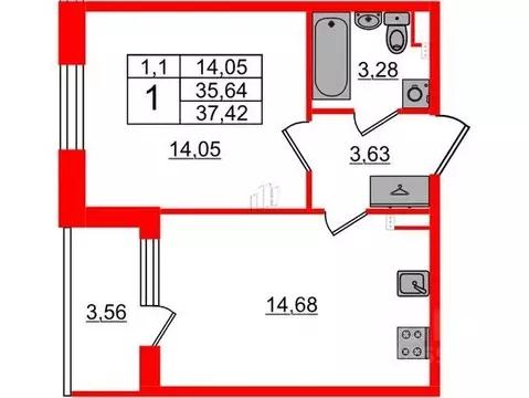 1-к кв. Санкт-Петербург Пулковское ш., 95к3 (35.64 м)