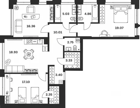 3-к кв. Тульская область, Тула Прайм Сойфера жилой комплекс (103.19 м)