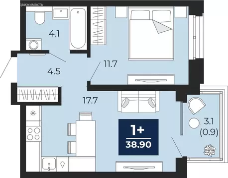1-комнатная квартира: Тюмень, проезд Капитана Куликова, 7 (41.1 м)