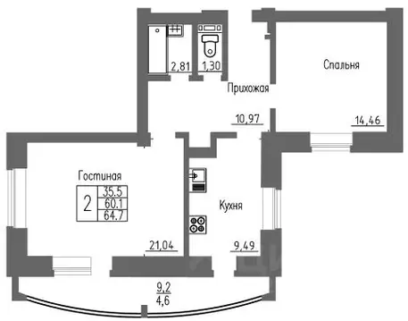 2-к кв. Воронежская область, Воронеж ул. Летчика Филипова, 4 (64.7 м)