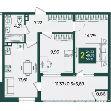 2-к кв. Краснодарский край, Краснодар Образцово мкр,  (56.31 м)