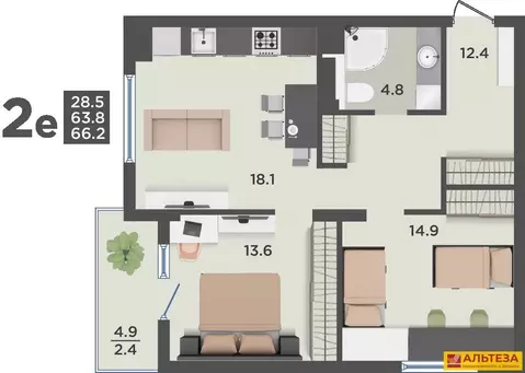2-комнатная квартира: Васильково, Весенняя улица, 3к1 (66.2 м)