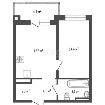 1-комнатная квартира: Тюмень, улица Братьев Бондаревых, 5 (43.1 м)