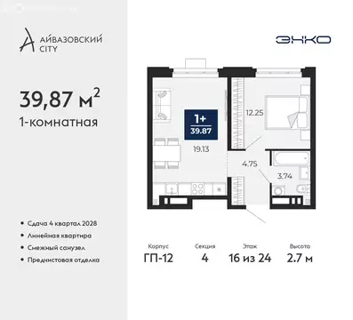1-комнатная квартира: Тюмень, ЖК Айвазовский Сити (39.87 м)