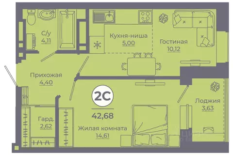 2-к кв. Ростовская область, Ростов-на-Дону ул. Еременко, 113 (42.38 м)