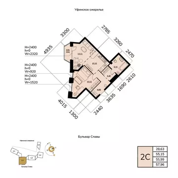 2-к кв. Башкортостан, Уфа ул. Чудинова (55.99 м)