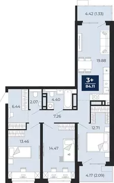 3-комнатная квартира: Тюмень, Арктическая улица, 16 (89.28 м)