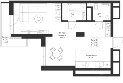 1-к кв. Татарстан, Казань Мой Ритм жилой комплекс, ПК14 (43.28 м)