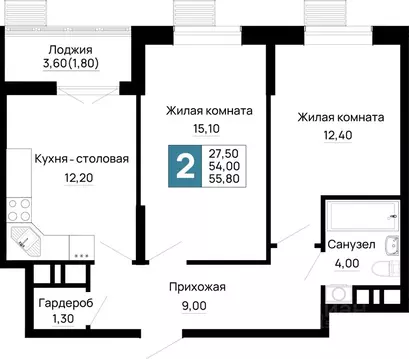 2-к кв. Адыгея, Тахтамукайский район, Яблоновский пгт  (55.8 м)