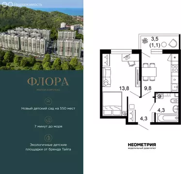 1-комнатная квартира: Сочи, улица Искры, 66/9к8 (33.4 м)