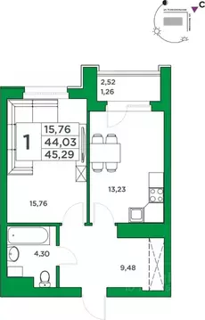 1-к кв. Башкортостан, Уфа Комсомольская ул., 8 (44.03 м)