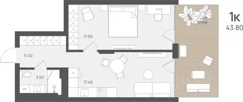 1-к кв. Калининградская область, Янтарный пгт ул. Лесная (43.8 м)