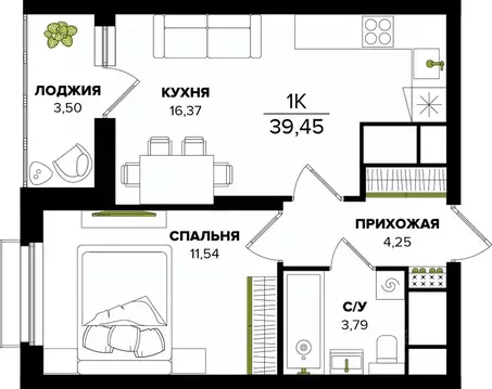 1-к кв. Тульская область, Тула  (39.45 м)
