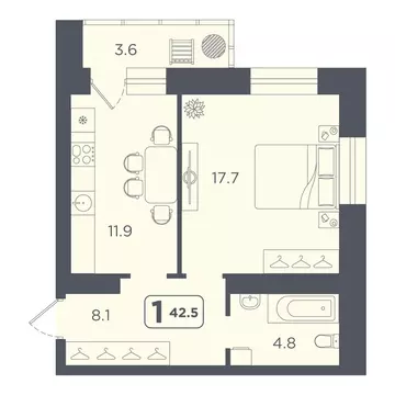 1-комнатная квартира: Тюмень, улица 50 лет Октября, 75к4 (42.5 м)