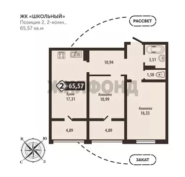 2-к кв. Брянская область, Брянск Школьный жилой комплекс (65.57 м)